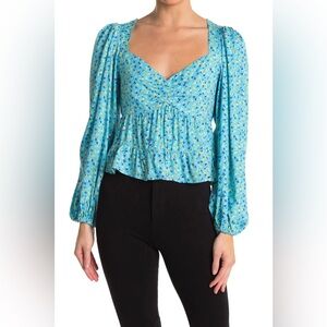 AFRM Soni Ruched Balloon Sleeve Crop Top in Blue Ditsy